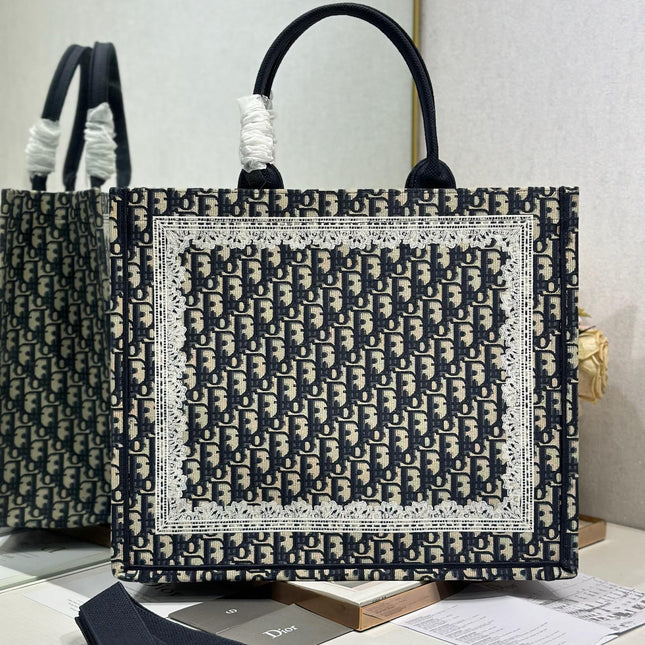 DIOR 26S BOOK TOTE BAG 42 IN NAVY BLUE AND BEIGE OBLIQUE FABRIC