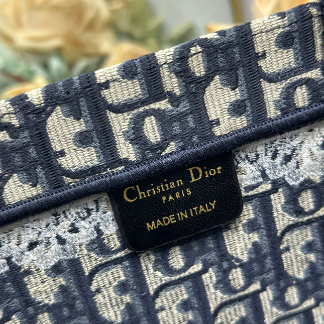 DIOR 26S BOOK TOTE BAG 42 IN NAVY BLUE AND BEIGE OBLIQUE FABRIC