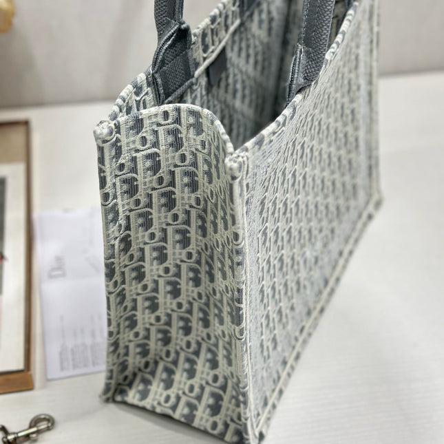 DIOR 26S BOOK TOTE BAG 36 IN GREY AND BEIGE FABRIC OBLIQUE FABRIC