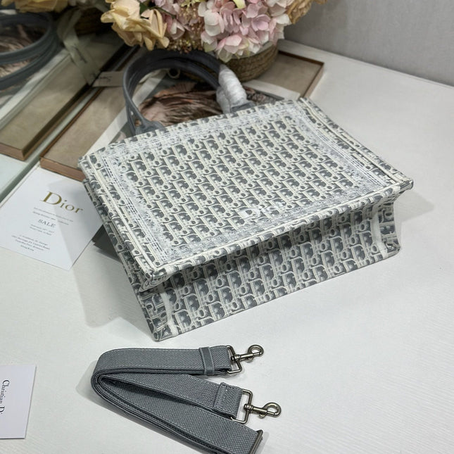 DIOR 26S BOOK TOTE BAG 36 IN GREY AND BEIGE FABRIC OBLIQUE FABRIC