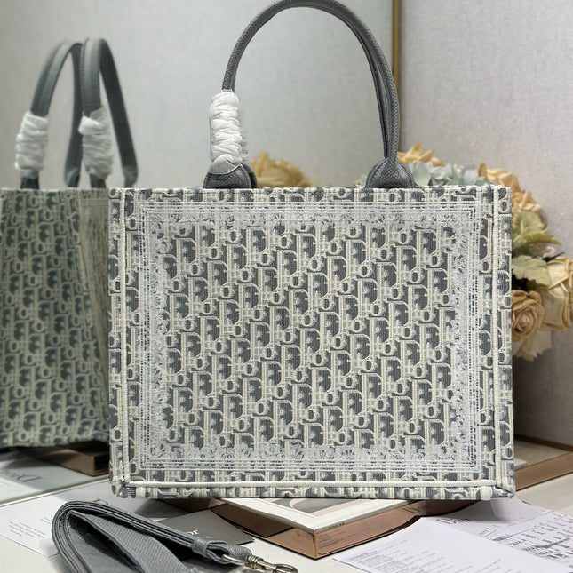 DIOR 26S BOOK TOTE BAG 36 IN GREY AND BEIGE FABRIC OBLIQUE FABRIC