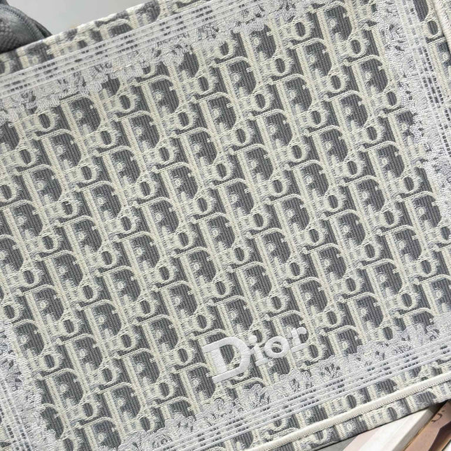 DIOR 26S BOOK TOTE BAG 36 IN GREY AND BEIGE FABRIC OBLIQUE FABRIC