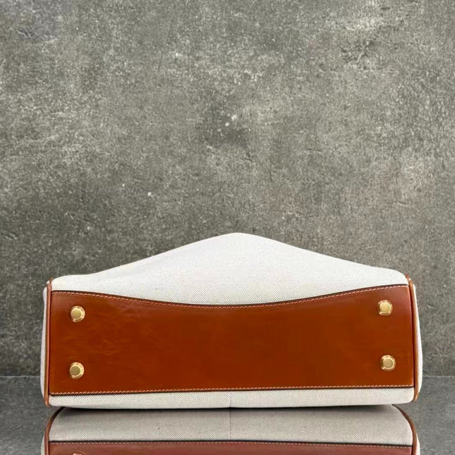 BALENCIAGA 26S TOP HANDLE BAG IN WHITE CANVAS & BROWN LEATHER