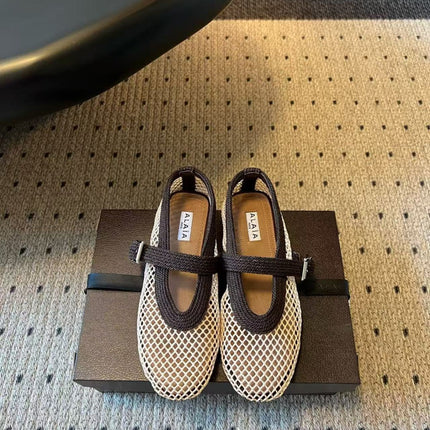 ALAIA FISHNET AND SATIN CORD BALLET FLATS IN WHITE MESH AND BROWN FABRIC