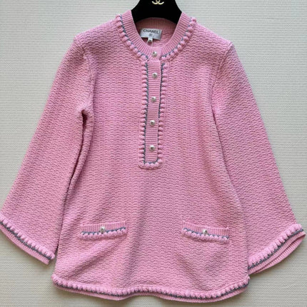 Chanel 25P Long-Sleeve Top Pink Tweed Pearl Buttons