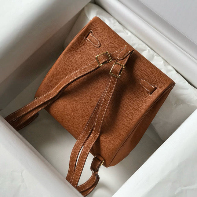 KELLY ADO 22 TOGO BACKPACK IN BROWN CALFSKIN GOLD HARDWARE