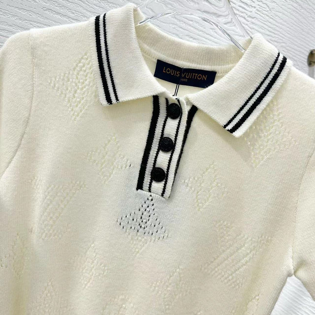 Stripe Accent Knit Polo Dress White Black Wool And Cashmere