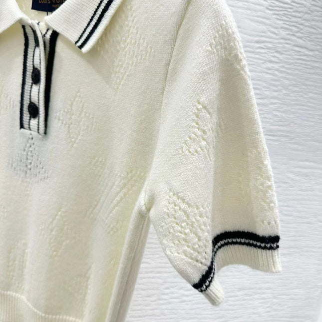 Stripe Accent Knit Polo Dress White Black Wool And Cashmere