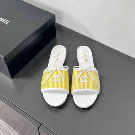 CC STRIPED SLIDE SANDALS IN YELLOW AND WHITE CANVAS