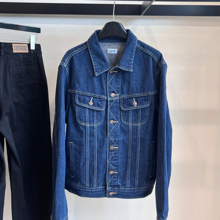 CLASSIC TRUCKER JACKET INDIGO DENIM CONTRAST STITCHING SILVER BUTTONS          Ask ChatGPT