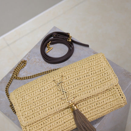 YSL KATE BAG CROSSBODY 26 IN BEIGE WOVEN RAFFIA GOLD HARDWARE