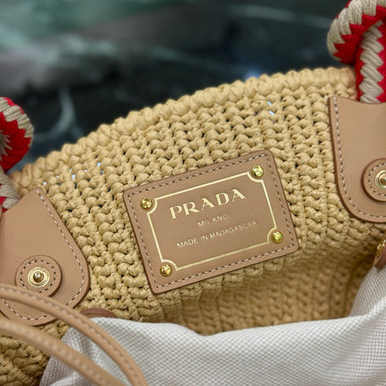 PRA HANDBAG 26 IN BEIGE RAFFIA AND RED WOVEN HANDLES