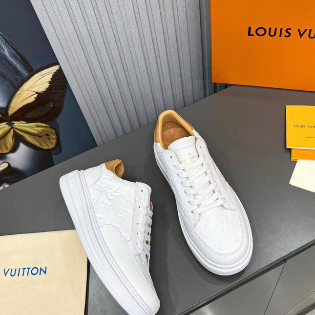 LV BEVERLY SNEAKER IN WHITE CALFSKIN EMBOSSED LOGO