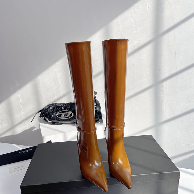 YSL VENDOME HIGH BOOTS IN CARAMEL BROWN CALFSKIN