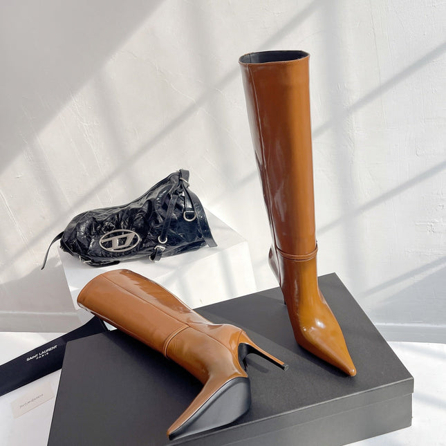 YSL VENDOME HIGH BOOTS IN CARAMEL BROWN CALFSKIN
