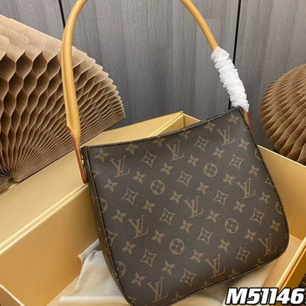 LV LOOPING SHOULDER BAG 25 IN BROWN MONOGRAM CANVAS GOLD-TONE HARDWARE.