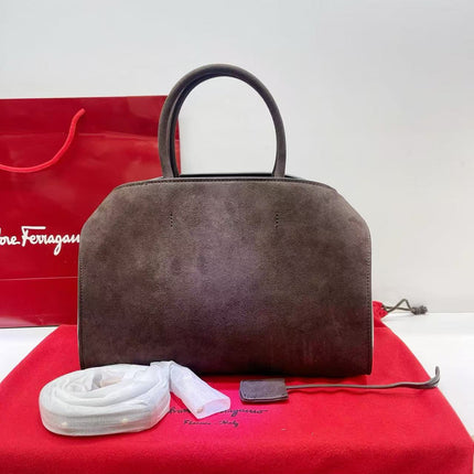 FERRAGAMO HUG LARGE TOTE BAG 32 IN BROWN SUEDE