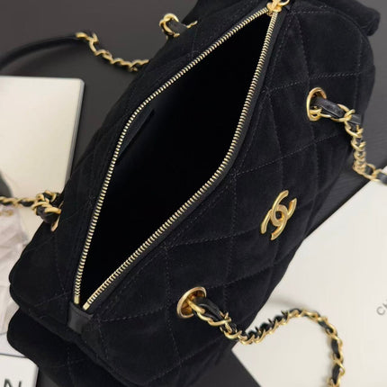 CHANEL BOWLING BAG 24 IN BLACK SUEDE WITH ANTIQUE GOLD HARDWARE