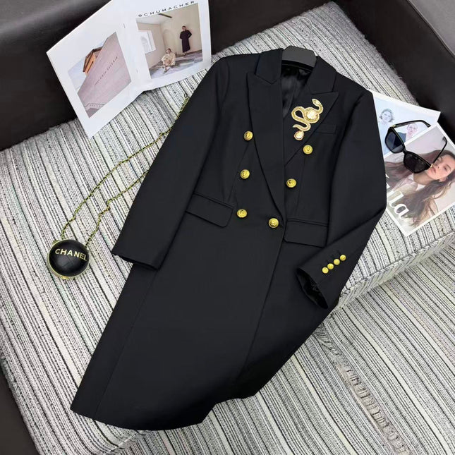 LONG COAT IN BLACK WITH GOLD BUTTONS AND A SNAKE BROOCH