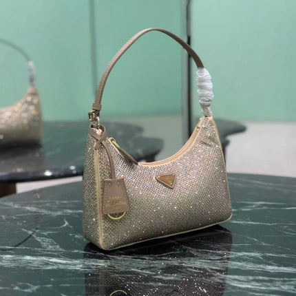 PRADA RE-EDITION 22 BAG IN BEIGE STUDDED CRYSTAL