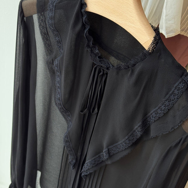 CHLOE RUFFLED LACE-TRIMMED COLLAR SILK-CHIFFON BLOUSE IN BLACK
