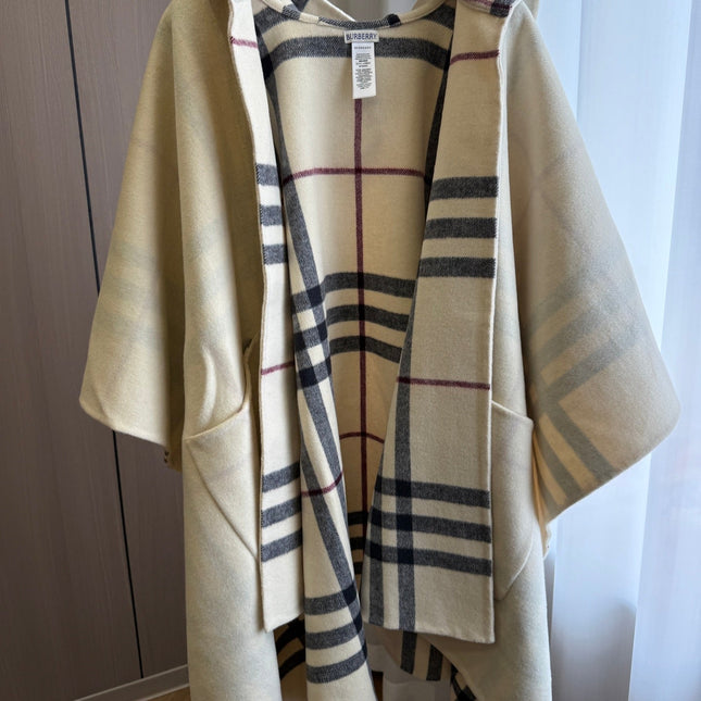 BURBERRY 26S DOUBLE-FACED REVERSIBLE CHECK HOODED CAPE IN BEIGE