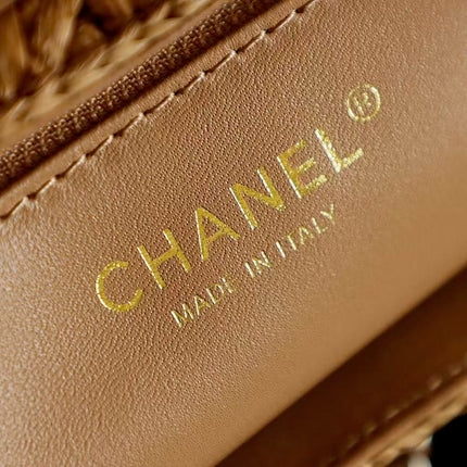 CHANEL 26S SMALL FRINGE KELLY DARK BEIGE RAFFIA WOOD