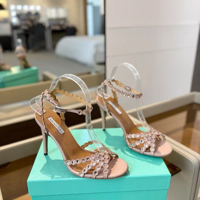 AQUAZZURA 26S CRYSTAL STRAPPY SANDALS IN BLUSH PINK SATIN