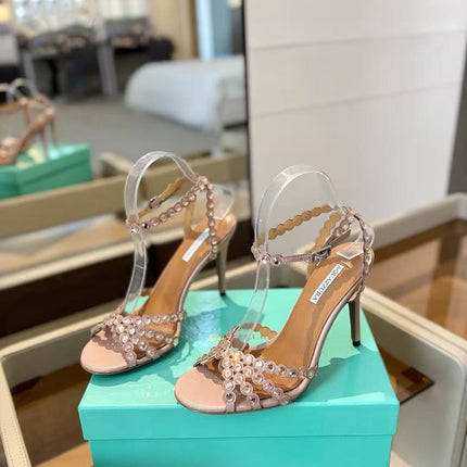 AQUAZZURA 26S CRYSTAL STRAPPY SANDALS IN BLUSH PINK SATIN
