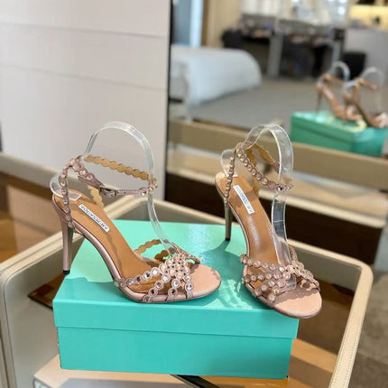 AQUAZZURA 26S CRYSTAL STRAPPY SANDALS IN BLUSH PINK SATIN