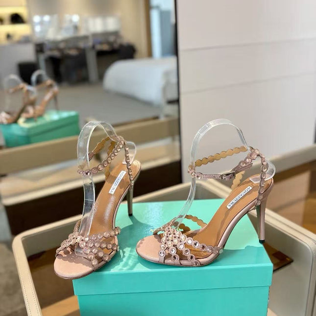 AQUAZZURA 26S CRYSTAL STRAPPY SANDALS IN BLUSH PINK SATIN