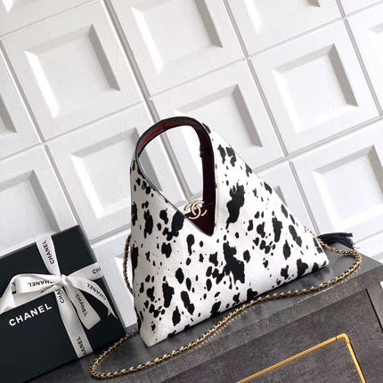 CHANEL 26S TRIANGLE HOBO BAG IN BLACK WHITE CALFSKIN  LEATHER
