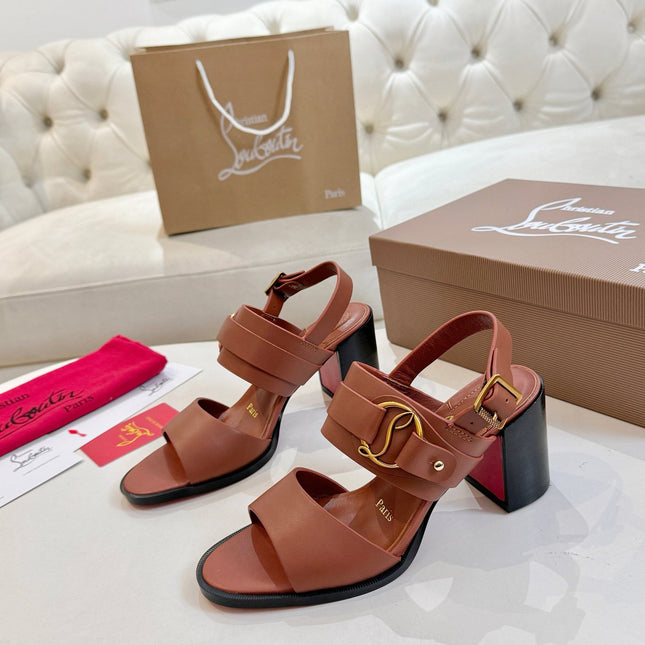 CHRISTIAN LOUBOUTIN 26S ANKLE STRAP BLOCK HEELS IN COGNAC BROWN CALFSKIN