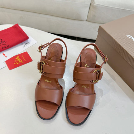 CHRISTIAN LOUBOUTIN 26S ANKLE STRAP BLOCK HEELS IN COGNAC BROWN CALFSKIN