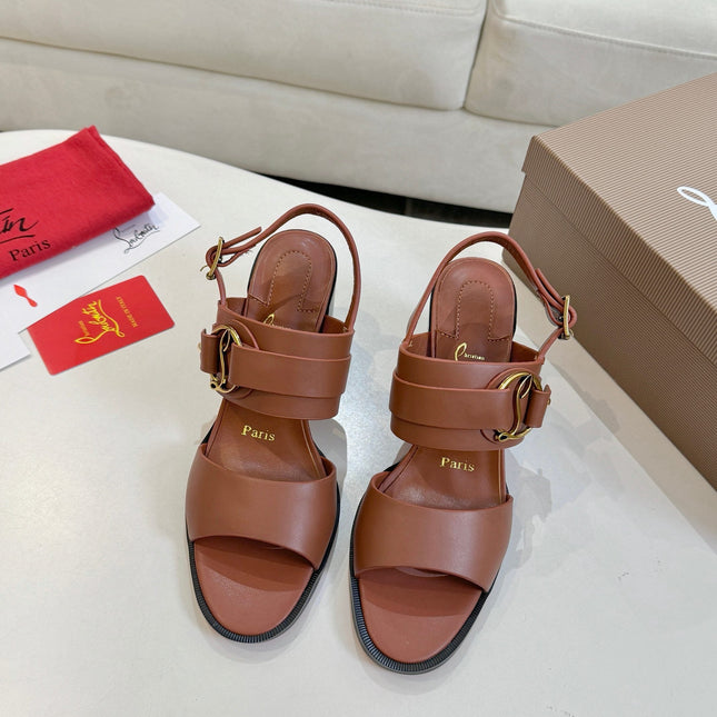 CHRISTIAN LOUBOUTIN 26S ANKLE STRAP BLOCK HEELS IN COGNAC BROWN CALFSKIN