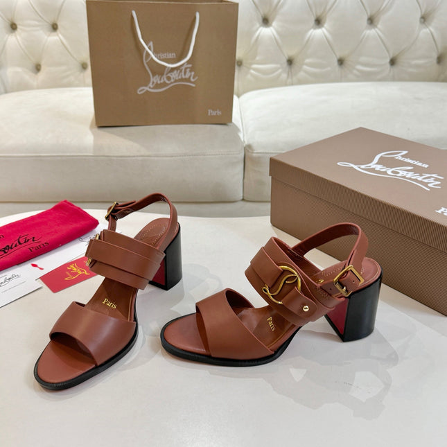 CHRISTIAN LOUBOUTIN 26S ANKLE STRAP BLOCK HEELS IN COGNAC BROWN CALFSKIN