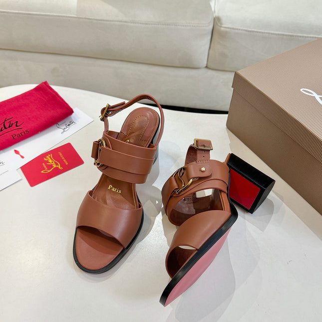 CHRISTIAN LOUBOUTIN 26S ANKLE STRAP BLOCK HEELS IN COGNAC BROWN CALFSKIN