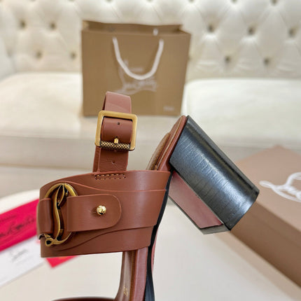CHRISTIAN LOUBOUTIN 26S ANKLE STRAP BLOCK HEELS IN COGNAC BROWN CALFSKIN
