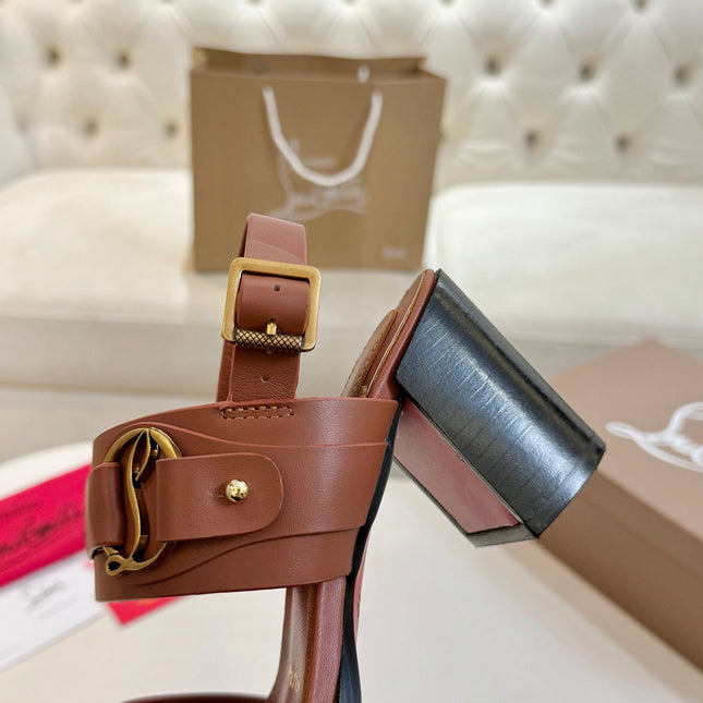 CHRISTIAN LOUBOUTIN 26S ANKLE STRAP BLOCK HEELS IN COGNAC BROWN CALFSKIN