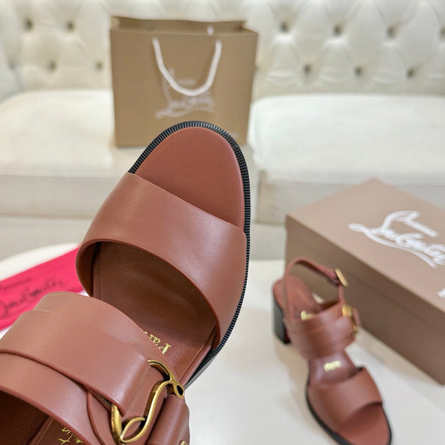 CHRISTIAN LOUBOUTIN 26S ANKLE STRAP BLOCK HEELS IN COGNAC BROWN CALFSKIN