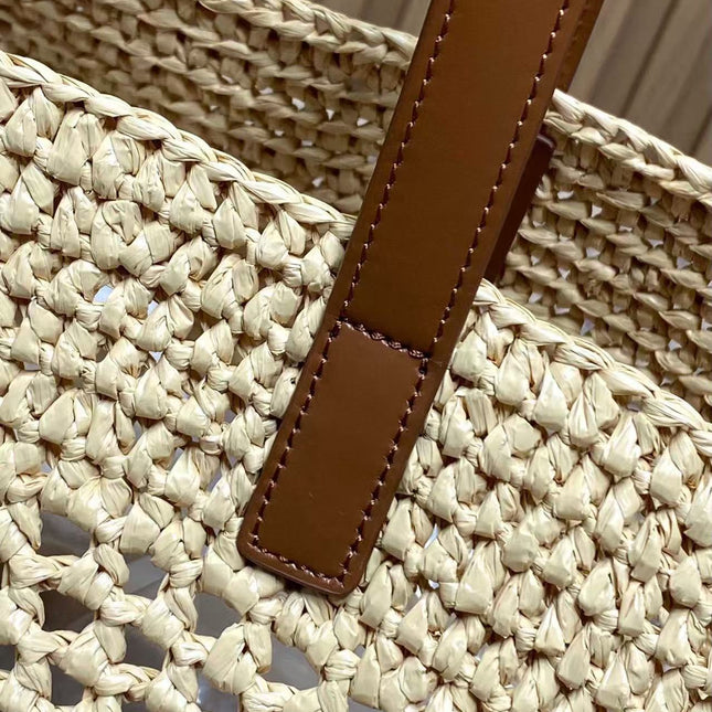 YSL 25S TOTE BAG IN BEIGE RAFFIA STRAW WITH BROWN LEATHER HANDLES