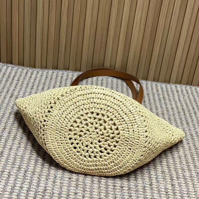 YSL 25S TOTE BAG IN BEIGE RAFFIA STRAW WITH BROWN LEATHER HANDLES