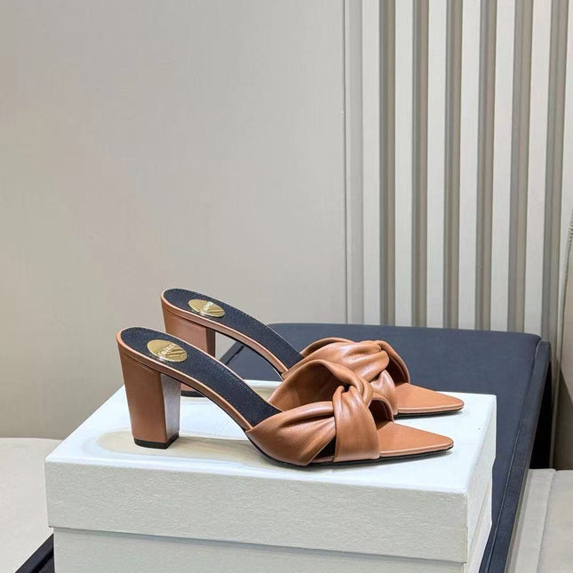 YSL 26S KNOTTED MULE HEELS IN TAN LAMBSKIN LEATHER
