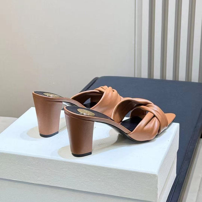 YSL 26S KNOTTED MULE HEELS IN TAN LAMBSKIN LEATHER