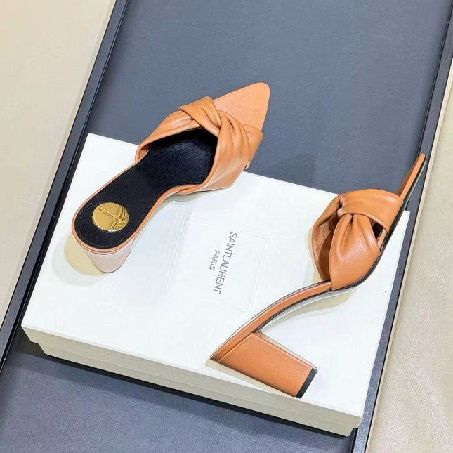 YSL 26S KNOTTED MULE HEELS IN TAN LAMBSKIN LEATHER
