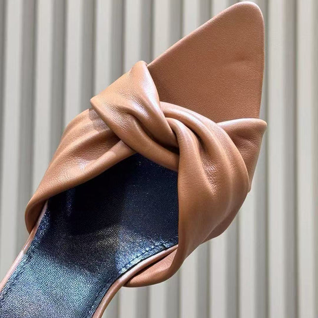 YSL 26S KNOTTED MULE HEELS IN TAN LAMBSKIN LEATHER