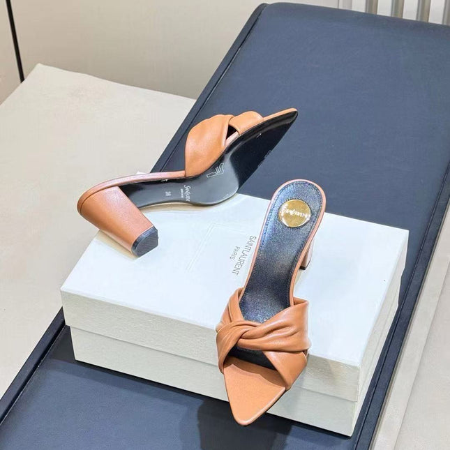 YSL 26S KNOTTED MULE HEELS IN TAN LAMBSKIN LEATHER