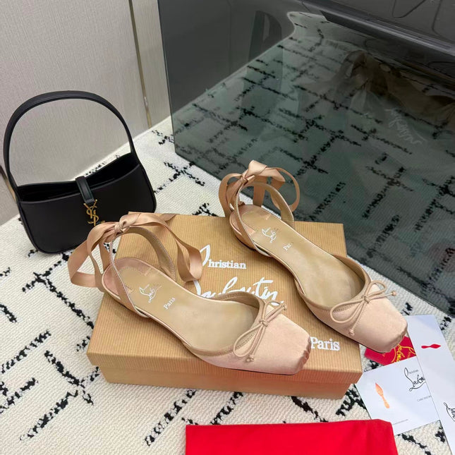 LOUBOUTIN 26S BALLET FLATS IN NUDE PINK SATIN WITH RIBBON ANKLE TIES