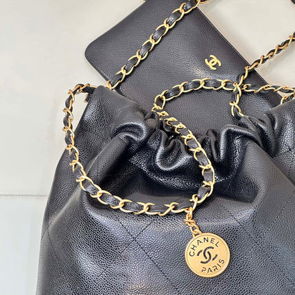 CHANEL 26S DRAWSTRING SHOULDER BAG 22 IN BLACK CAVIAR CALFSKIN