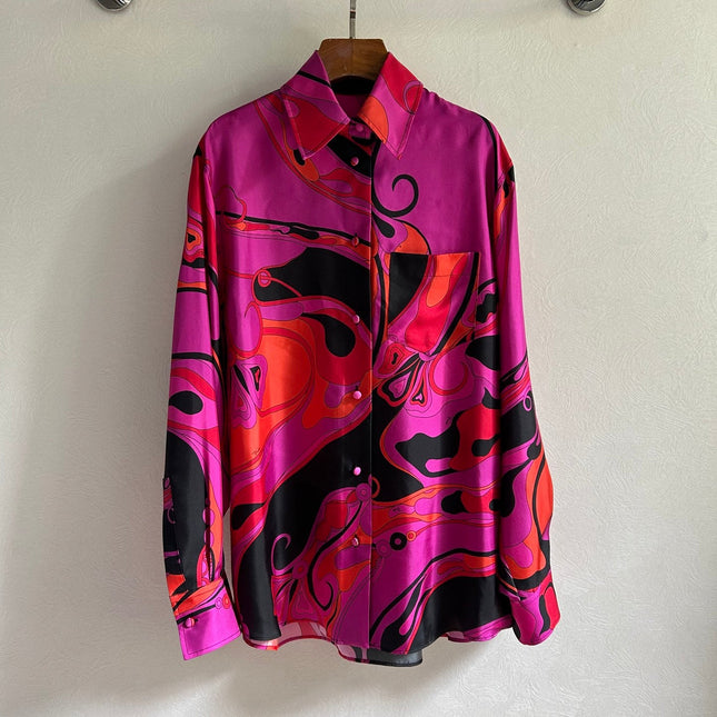 PUCCI 26S LONG SLEEVE SHIRT ABSTRACT PRINT PINK BLACK SILK